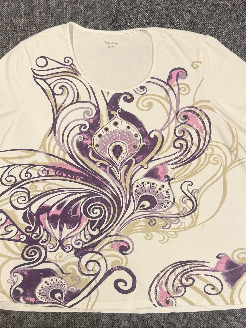 Tahari Cream Scoop Neck Short Sleeve Top with Purple & Pink Floral Swirl